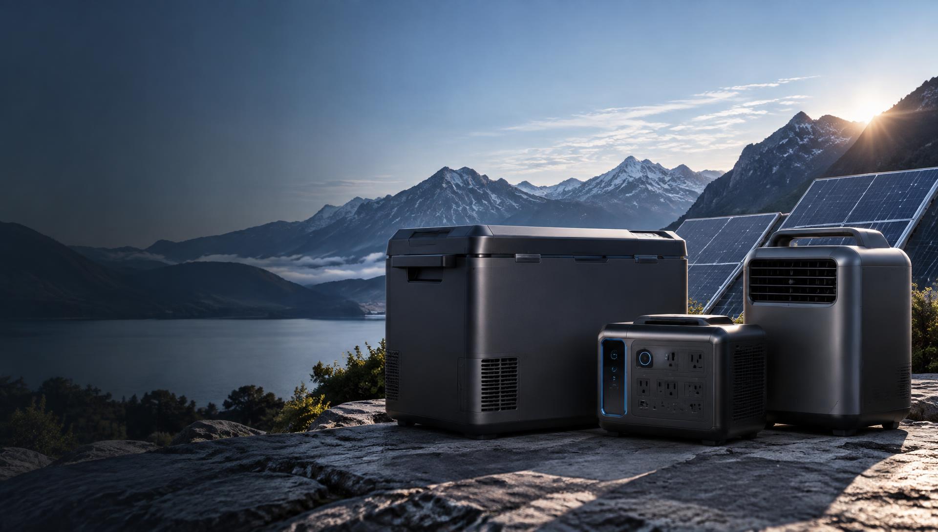 Solar refrigerator and portable cooler in a dark studio